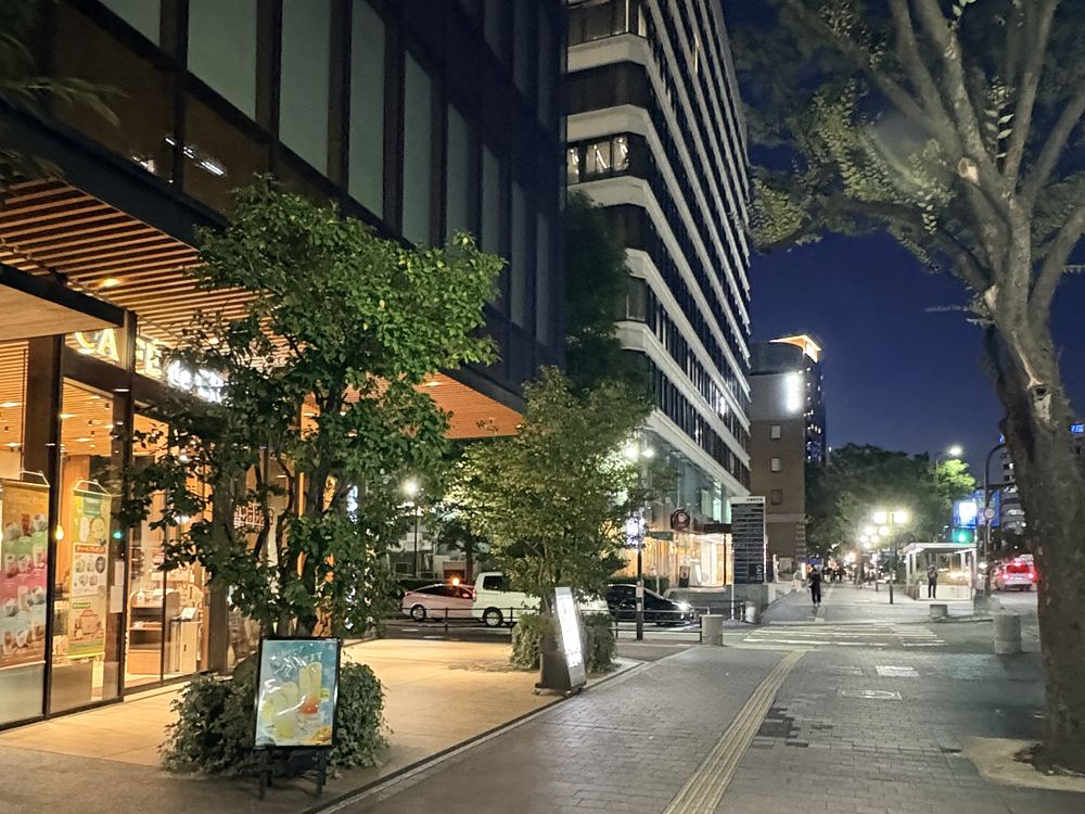 大通り沿いの歩道。左手に飲食店が並び、奥に交差点が見える夜の様子